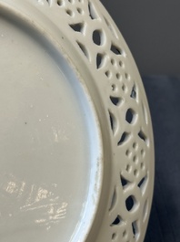 A pair of Chinese blue and white Canton-decorated plates, a famille rose 'playing boys' plate and a reticulated plate, 19th C.