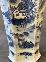 A Chinese blue and white double lozenge-shaped vase with a mountainous river landscape, 19th C.