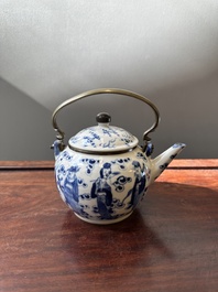 A Chinese blue and white 'Eight Immortals' teapot with bronze mounts for the Thai market, Yong Mao Yuan Ji 永茂源記 mark, 19th C.