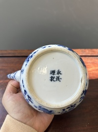 A Chinese blue and white 'Eight Immortals' teapot with bronze mounts for the Thai market, Yong Mao Yuan Ji 永茂源記 mark, 19th C.