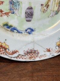 A pair of Chinese famille rose bowls and four plates, Yongzheng/Qianlong