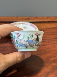 Trois tasses et soucoupes en porcelaine de Chine famille rose &agrave; d&eacute;cor de faisans, Yongzheng