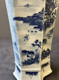 A Chinese blue and white double lozenge-shaped vase with a mountainous river landscape, 19th C.