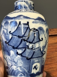 A Chinese blue and white garniture of five vases with landscape design, 19th C.