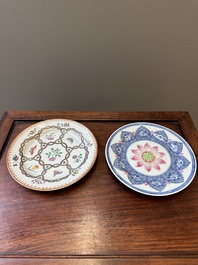 A Chinese famille rose 'lotus' plate for the Southeast Asian market and a 'butterfly and flower' plate, Yongzheng/Qianlong