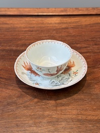Four Chinese famille rose and iron-red cups and saucers, Yongzheng/Qianlong