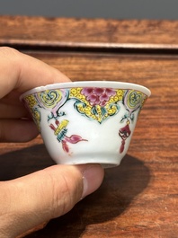 Five Chinese famille rose cups and six saucers with floral decor, Yongzheng/Qianlong