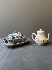 A Chinese Canton famille rose 'mandarin subject' tureen and cover on stand and a teapot and cover, Qianlong