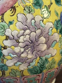 A pair of Chinese famille rose yellow-ground 'hu' vases for the Straits or Peranakan market, 19th C.