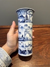 A Chinese blue and white garniture of five vases with landscape design, 19th C.