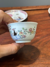 Three Chinese famille rose 'pheasant' cups and saucers, Yongzheng