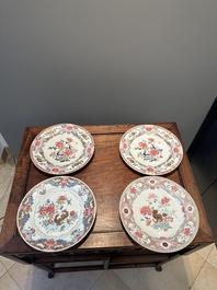 Four Chinese famille rose plates with flowers and animals, Yongzheng/Qianlong