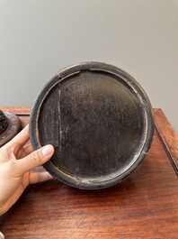 A Chinese blue and white 'lotus scroll' jar with wooden cover and stand, Kangxi