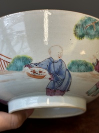 A pair of Chinese famille rose bowls and four plates, Yongzheng/Qianlong