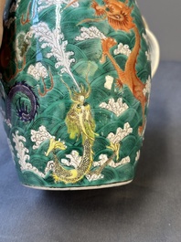 A Chinese Canton famille rose green-ground 'dragon' jug and a 'Seven Sages of the Bamboo Grove' plate, 19th C.
