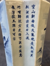 A Chinese blue and white double lozenge-shaped vase with a mountainous river landscape, 19th C.