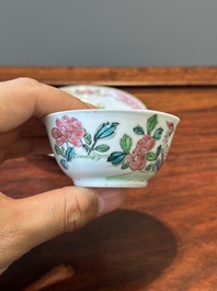 Three Chinese famille rose 'pheasant' cups and saucers, Yongzheng