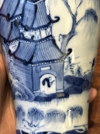 A Chinese blue and white garniture of five vases with landscape design, 19th C.