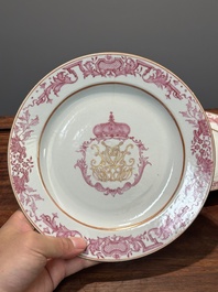 A pair of monogrammed Chinese puce-enamelled plates and a pair of armorial cups and saucers, Yongzheng/Qianlong