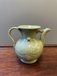 A Chinese Longquan celadon wine ewer with anhua design, Yuan/Ming