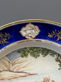 A rare Chinese Canton famille rose plate with a blue-glazed border, 19th C.