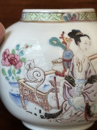 A fine Chinese famille rose teapot with a cat, lady and child, Yongzheng