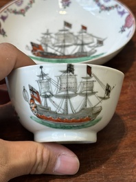 A rare Chinese famille rose 'European merchant ship' cup and saucer, Qianlong