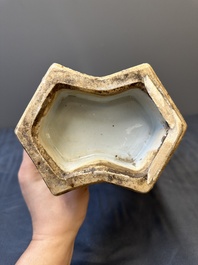 A Chinese blue and white double lozenge-shaped vase with a mountainous river landscape, 19th C.