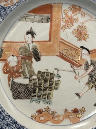 A pair of Chinese Imari-style plates with a merchant, lady and boy, Yongzheng