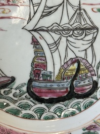 Assiette en porcelaine de Chine famille rose &agrave; decor d'un trois-m&acirc;ts, Yongzheng