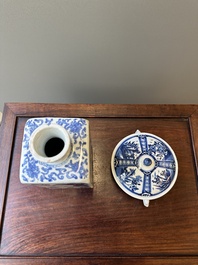 A Chinese blue and white square 'Long Eliza' flask and a covered bowl, Kangxi