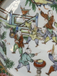 A pair of Chinese blue and white Canton-decorated plates, a famille rose 'playing boys' plate and a reticulated plate, 19th C.