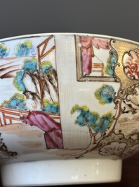 A Dutch-decorated Chinese bowl and a Canton famille rose 'mandarin subject' bowl, Qianlong