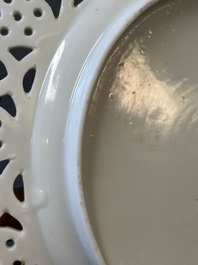 A pair of Chinese blue and white Canton-decorated plates, a famille rose 'playing boys' plate and a reticulated plate, 19th C.