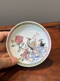 Three Chinese famille rose 'pheasant' cups and saucers, Yongzheng