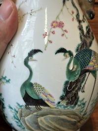 A Chinese famille rose 'hu' vase with peacocks, Yongzheng mark, 19th C.