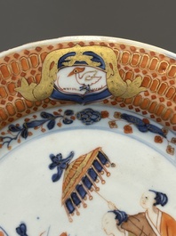 Drie Chinese Imari-stijl borden met 'De Parasoldames' naar Cornelis Pronk, Qianlong