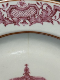 A pair of monogrammed Chinese puce-enamelled plates and a pair of armorial cups and saucers, Yongzheng/Qianlong