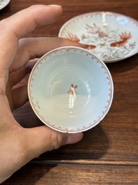 Four Chinese famille rose and iron-red cups and saucers, Yongzheng/Qianlong