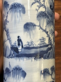 A Chinese blue and white garniture of five vases with landscape design, 19th C.