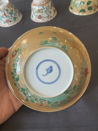 Two pairs of Chinese famille verte cups and saucers, Kangxi