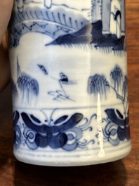 A Chinese blue and white garniture of five vases with landscape design, 19th C.