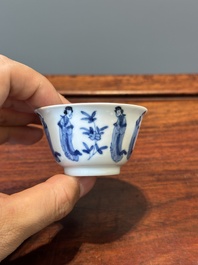 Six Chinese blue and white 'Long Eliza' cups and saucers, various marks, Kangxi