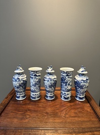 A Chinese blue and white garniture of five vases with landscape design, 19th C.