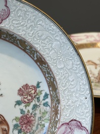 A pair of Chinese famille rose 'magpie and peony' plates with bianco-sopra-bianco rims, Yongzheng