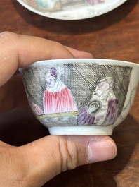 A rare Chinese rose-grisaille cup and saucer after 'Actors of the Com&eacute;die-Francaise' by Watteau, Yongzheng/Qianlong