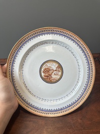 A Chinese blue-and-orange-enameled plate with a harbor view, Jiaqing
