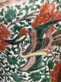 A pair of Chinese wucai 'phoenix and peony scroll' vases, Transitional period