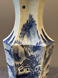A Chinese blue and white double lozenge-shaped vase with a mountainous river landscape, 19th C.