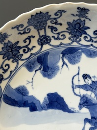 A pair of Chinese blue and white 'Mongolian hunting scene' plates and a pair of plates with floral design, Chenghua and Kangxi mark, Kangxi